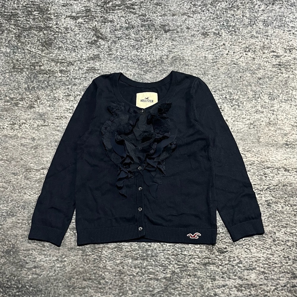 Vintage Hollister Ruffle Cardigan Womens Medium Navy Blue Button Long Sleeve Y2K